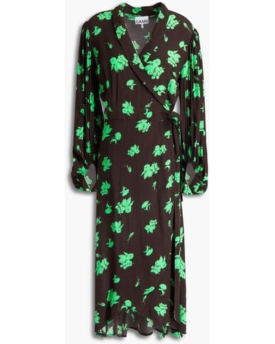 Ganni Floral-print Crepe Midi Wrap Dress - Brown