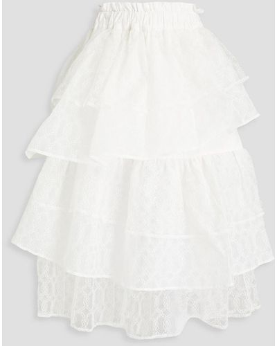 Shrimps Tiered Embroidered Lace And Organza Midi Skirt - White