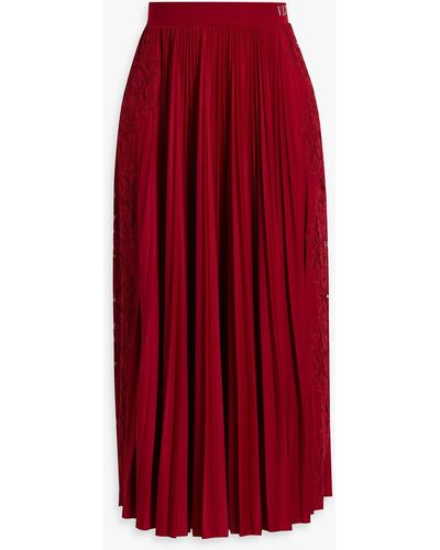 Valentino Garavani Pleated Cady And Corded Lace Midi Skirt - Red