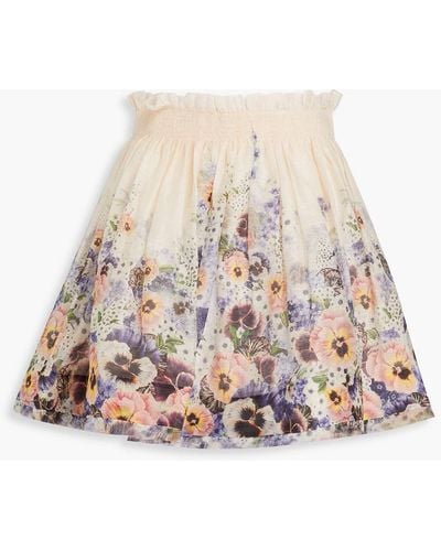 Zimmermann Shirred Floral-print Linen And Silk-blend Mini Skirt - White