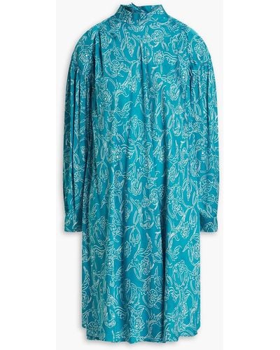 American Vintage Gitaka Gathered Printed Satin-jacquard Dress - Blue