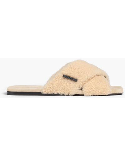 Brunello Cucinelli Bead-embellished Shearling Slides - White