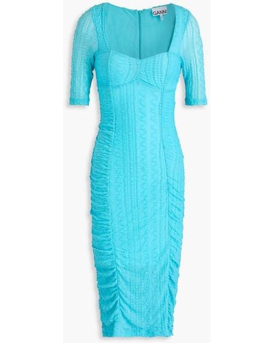 Ganni Ruched Cloqué Dress - Blue