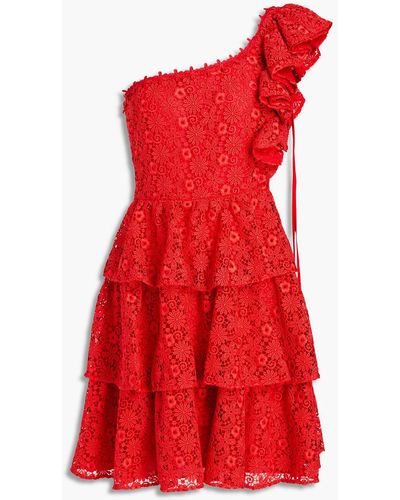 Giamba One-shoulder Ruffled Macramé Lace Mini Dress - Red