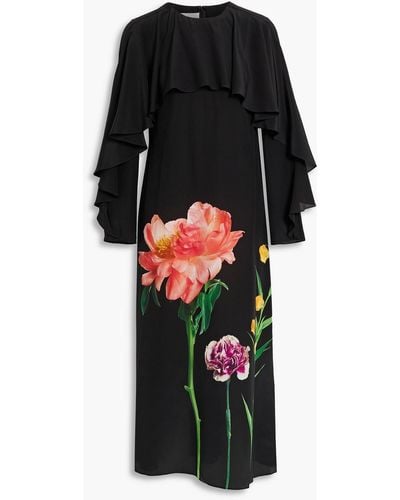 Valentino Garavani Ruffled Floral-print Silk Crepe De Chine Midi Dress - Black