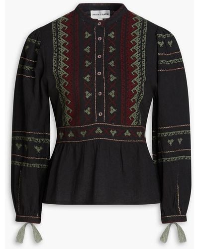 Antik Batik Lyna bluse aus baumwoll-voile mit stickereien und schößchen - Schwarz