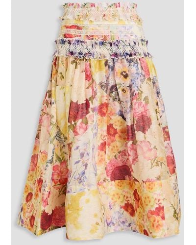 Zimmermann Ruffled Floral-print Linen And Silk-blend Gauze Midi Skirt - Yellow