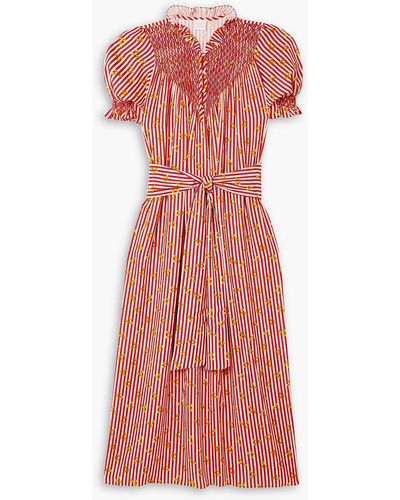 Loretta Caponi Elena Smocked Printed Broadcloth Midi Dress - Red