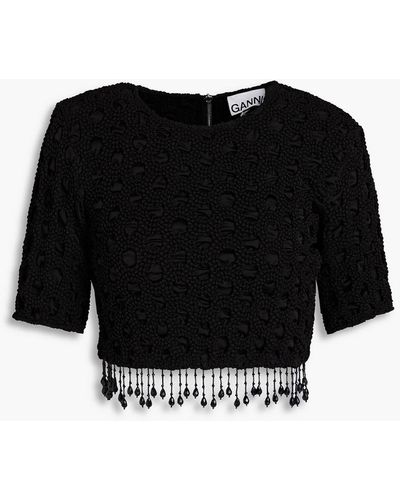 Ganni Cropped Beaded Crochet Top - Black