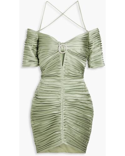 Rasario Off-the-shoulder Ruched Embellished Satin-crepe Mini Dress - Green