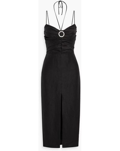 Rasario Crystal-embellished Ruched Linen-blend Midi Dress - Black