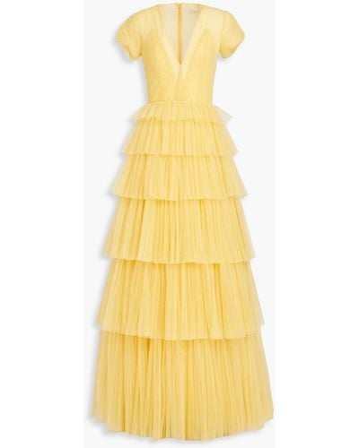Costarellos Tiered Pleated Tulle Gown - Yellow