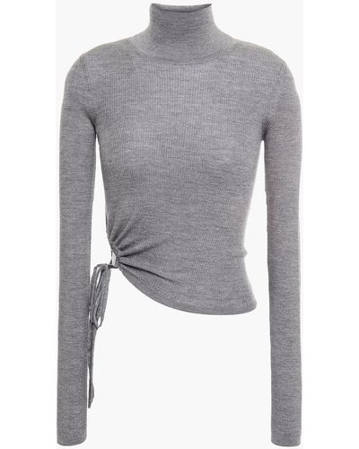 T By Alexander Wang Cropped Ruched Ribbed Merino Wool Turtleneck Sweater - Grey