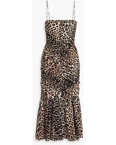 Ganni Ruched Leopard-print Silk-blend Satin Midi Dress - Multicolor