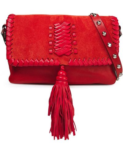 Red(V) Studded Whipstitched Leather And Suede Shoulder Bag - Red