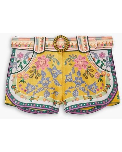 Zimmermann Ginger Belted Printed Linen Shorts - Metallic