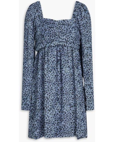 Ganni Ruched Floral-print Mousseline Mini Dress - Blue