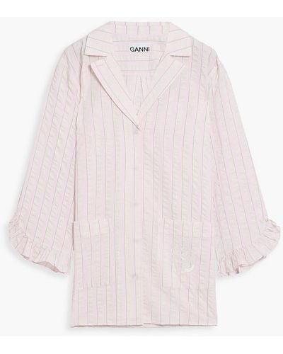 Ganni Ruffled Striped Cotton-seersucker Pyjama Top - Pink