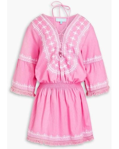 Melissa Odabash Martina Gathered Embroidered Cotton And Linen-blend Mini Dress - Pink