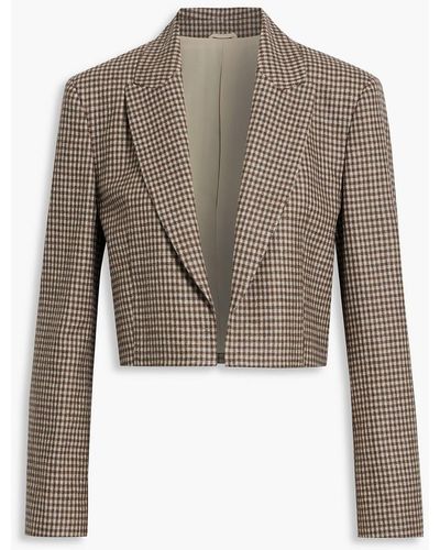 Brunello Cucinelli Cropped Checked Wool, Silk And Linen-blend Blazer - Brown
