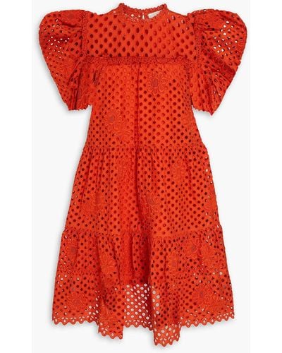 Ulla Johnson Simone gestuftes kleid aus baumwolle mit lochstickerei - Rot
