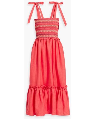 Cara Cara Jenny Smocked Linen Midi Dress - Red