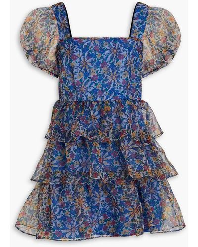 HVN Mimi Tiered Printed Organza Mini Dress - Blue