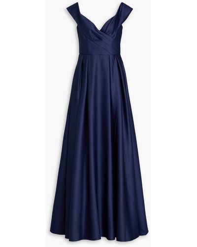Marchesa Pleated Duchesse-satin Gown - Blue