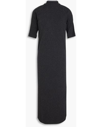 Brunello Cucinelli Cold-shoulder Bead-embellished Ribbed Cotton -blend Jersey Midi Dress - Black