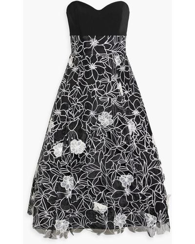 Marchesa Strapless Faille-paneled Embroidered Organza Midi Dress - Black