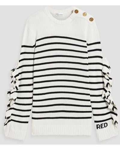 RED Valentino Ruffled Striped Knitted Sweater - White