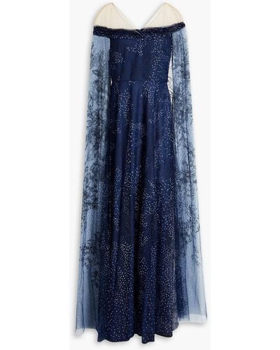 Marchesa Cape-effect Glittered Tulle Gown - Blue