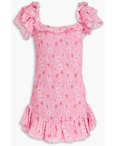 LoveShackFancy Kodie Shirred Floral-print Cotton-voile Mini Dress - Pink