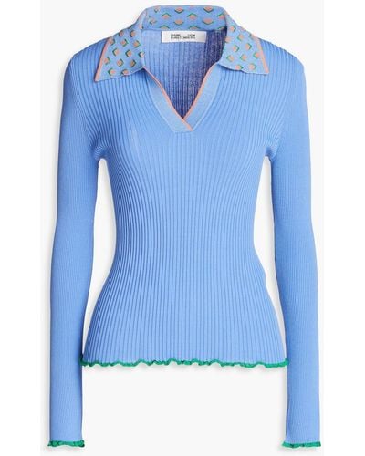 Diane von Furstenberg Ribbed And Jacquard-knit Polo Jumper - Blue