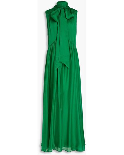 Huishan Zhang Pussy-bow Satin-paneled Silk-voile Gown - Green