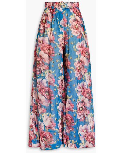 Zimmermann Belted Floral-printed Ramie Wide-leg Trousers - White