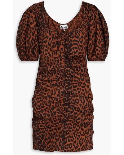 Ganni Ruched Leopard-print Cotton-poplin Mini Dress - Brown