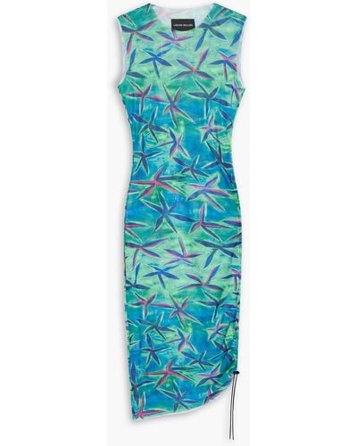 Louisa Ballou Ruched Printed Stretch-mesh Mini Dress - Blue