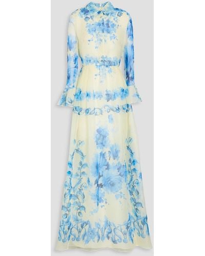 Valentino Garavani Gathered Floral-print Silk-organza Gown - Blue
