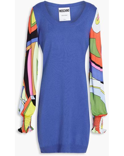 Moschino Printed Jersey-paneled Silk And Cashmere-blend Mini Dress - Blue