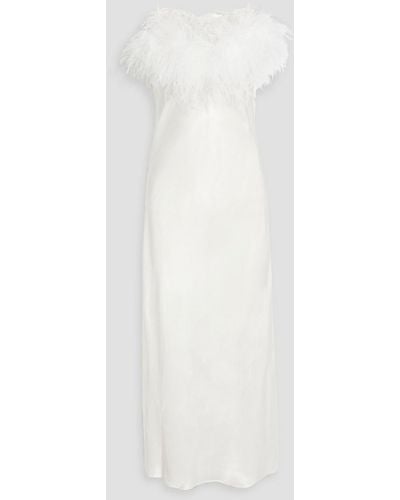 Sleeper Boheme Feather-trimmed Satin Midi Slip Dress - White