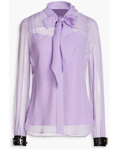 Moschino Pussy-bow Faux Patent Leather-trimmed Silk-chiffon Blouse - Purple