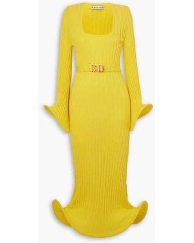 ROWEN ROSE Waves Belted Ribbed Cotton Midi Dress - Yellow