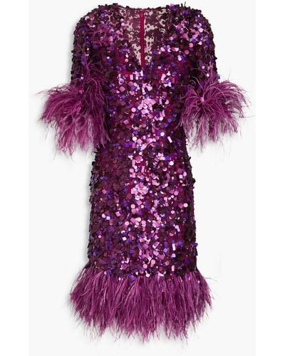 Jenny Packham Feather-trimmed Sequined Tulle Dress - Purple
