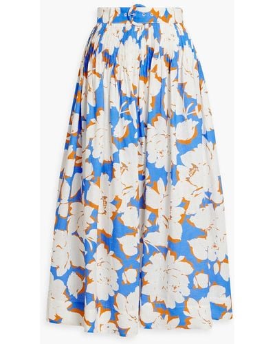 Nicholas Amabelle Pintucked Floral-print Linen Midi Skirt - Blue