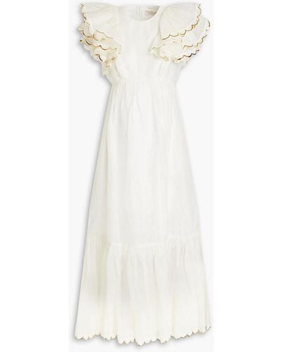 Zimmermann Ruffled Linen And Silk-blend Maxi Dress - White