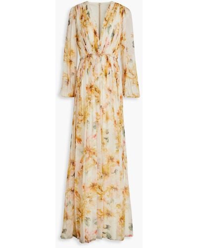 Costarellos Pleated Floral-print Crepon Gown - Metallic