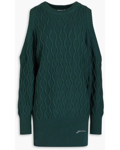 Ganni Cold-shoulder Cable-knit Cotton Sweater - Green