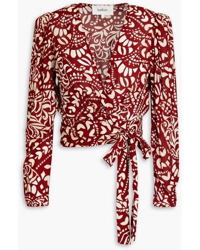 Ba&sh Cropped Pleated Printed Crepe De Chine Wrap Blouse - Red