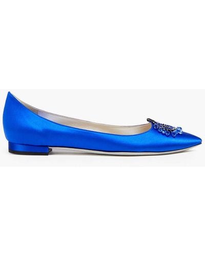 Rene Caovilla Chantel Crystal-embellished Satin Point-toe Flats - Blue